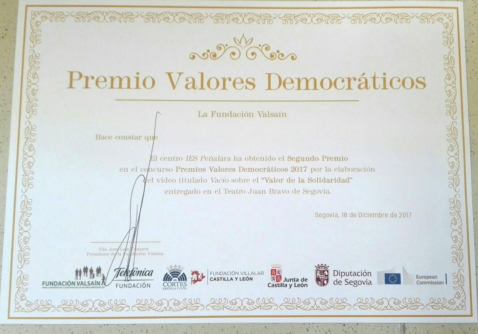 Premio 2º Diploma Valores democráticos 2017